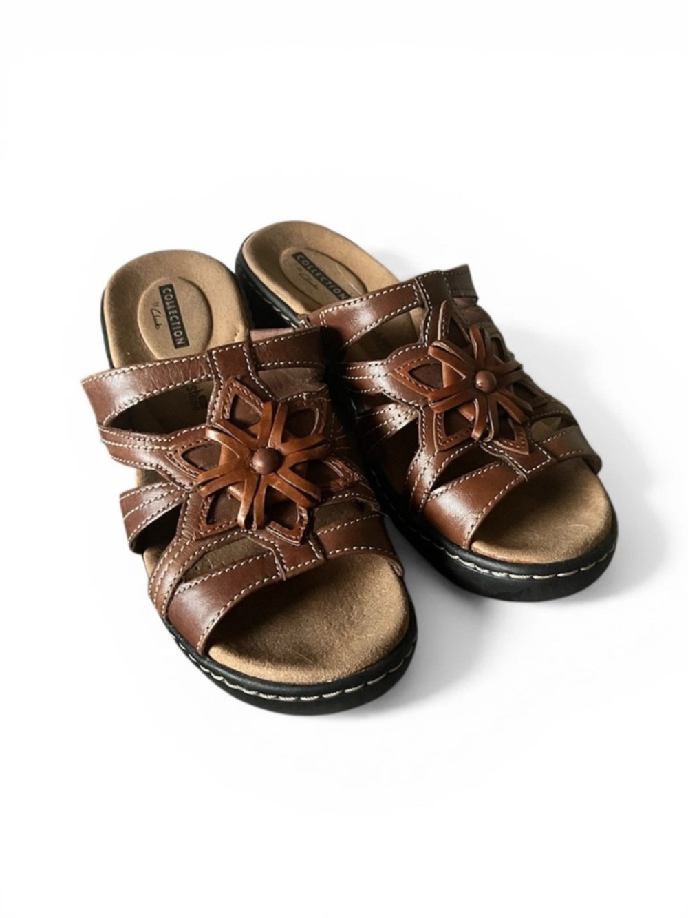 Clarks Brown Floral Cutout Leather Slide Sandals Size 6